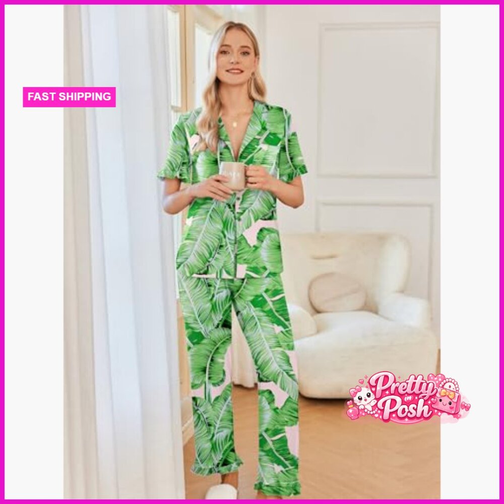 Polyester Pajama Set With Ruffle Button Up Top An… - image 2
